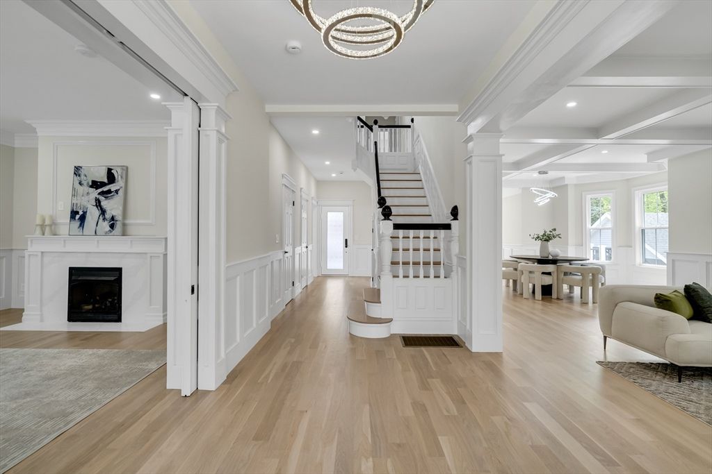 Dining room, Fireplace, Interior, Pendant Lights, Recessed Lighting, Wood Texture Flooring
