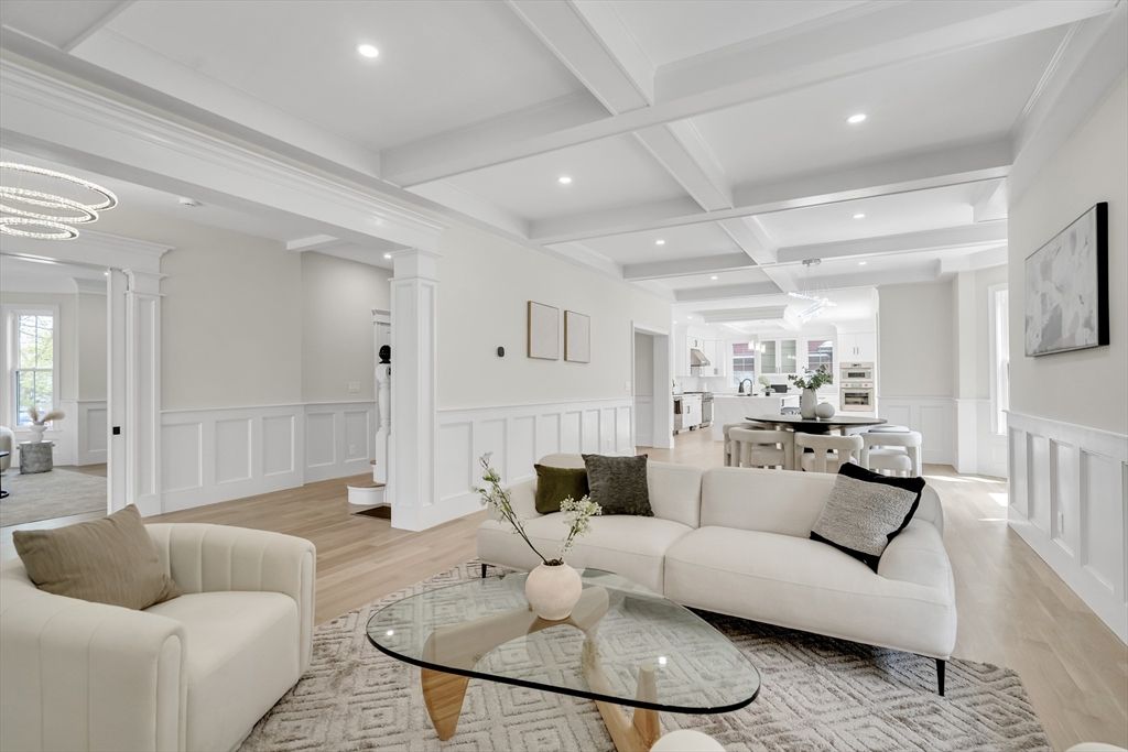 Dining room, Interior, Living room, Pendant Lights, Recessed Lighting, Wood Texture Flooring