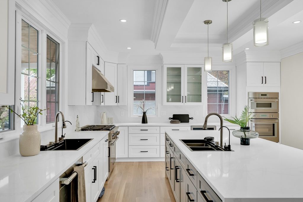 Interior, Kitchen, Pendant Lights, Recessed Lighting, Stainless Steel Appliances, Wood Texture Flooring