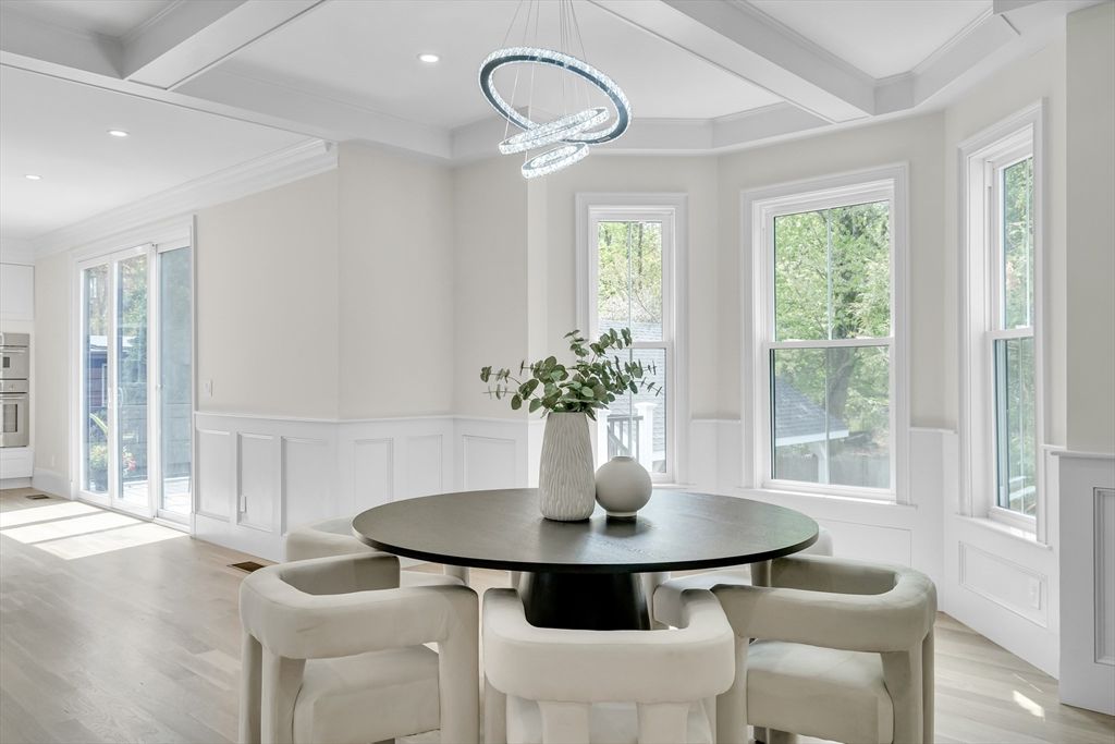 Dining room, Interior, Pendant Lights, Recessed Lighting, Wood Texture Flooring