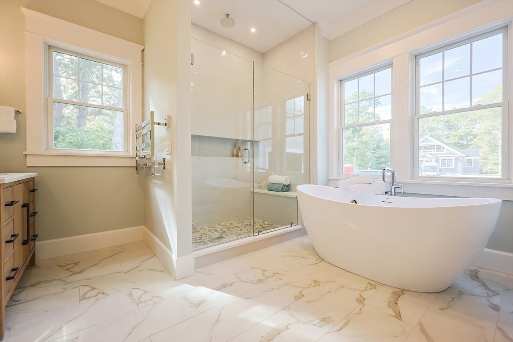 Bathroom, Free Standing Baths, Glass Shower, Interior, Marble, Recessed Lighting