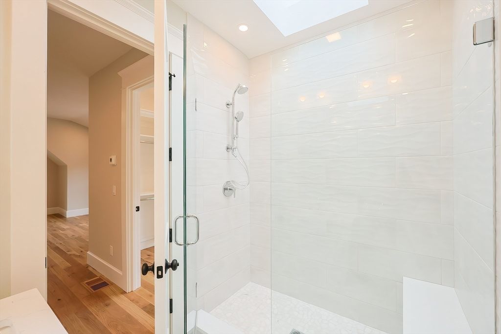 Bathroom, Glass Shower, Interior, Recessed Lighting, Wood Texture Flooring
