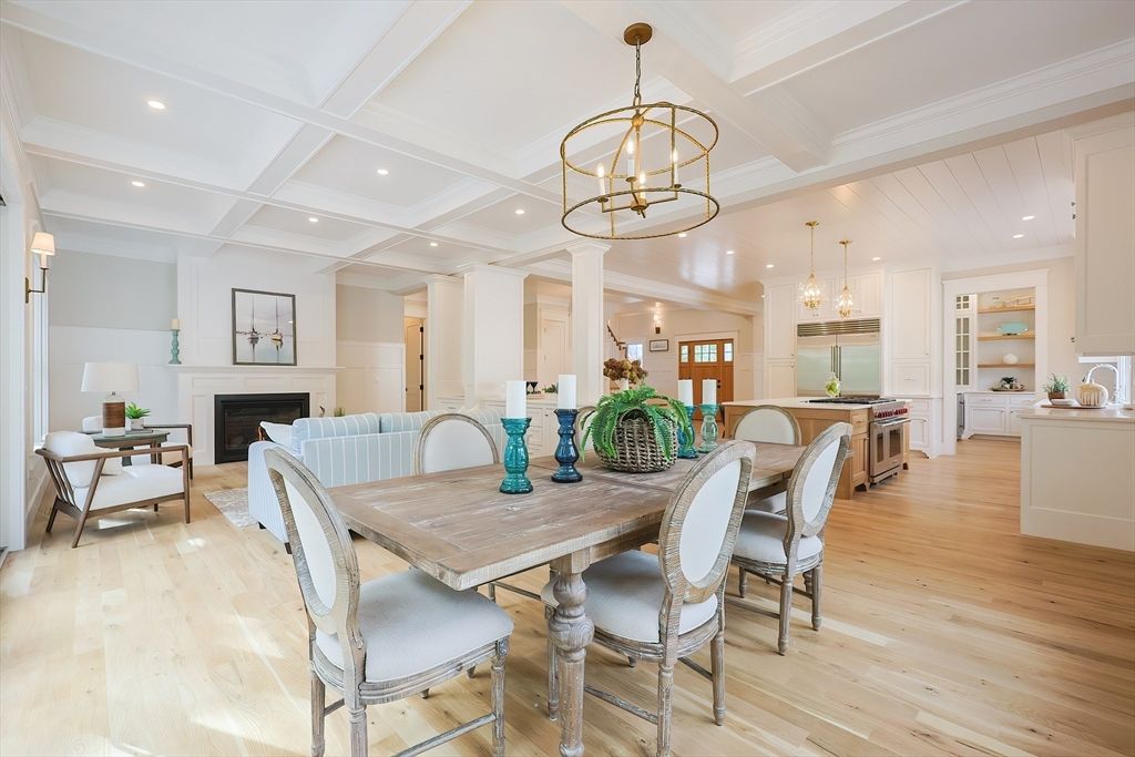 Chandelier, Dining room, Fireplace, Interior, Kitchen, Living room, Pendant Lights, Recessed Lighting, Wood Texture Flooring