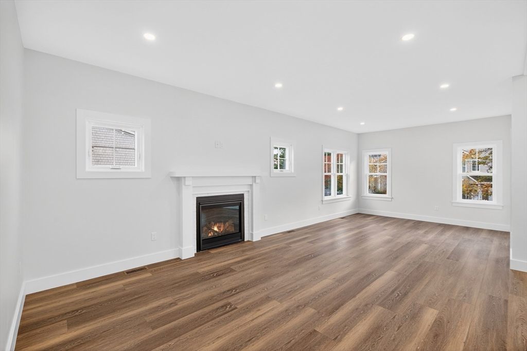Empty room, Fireplace, Interior, Recessed Lighting, Wood Texture Flooring