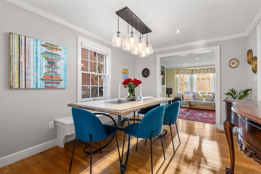 Dining room, Interior, Pendant Lights, Recessed Lighting, Wood Texture Flooring