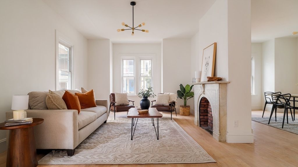 Dining room, Fireplace, Interior, Living room, Pendant Lights, Wood Texture Flooring