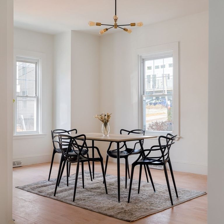 Dining room, Interior, Pendant Lights, Wood Texture Flooring
