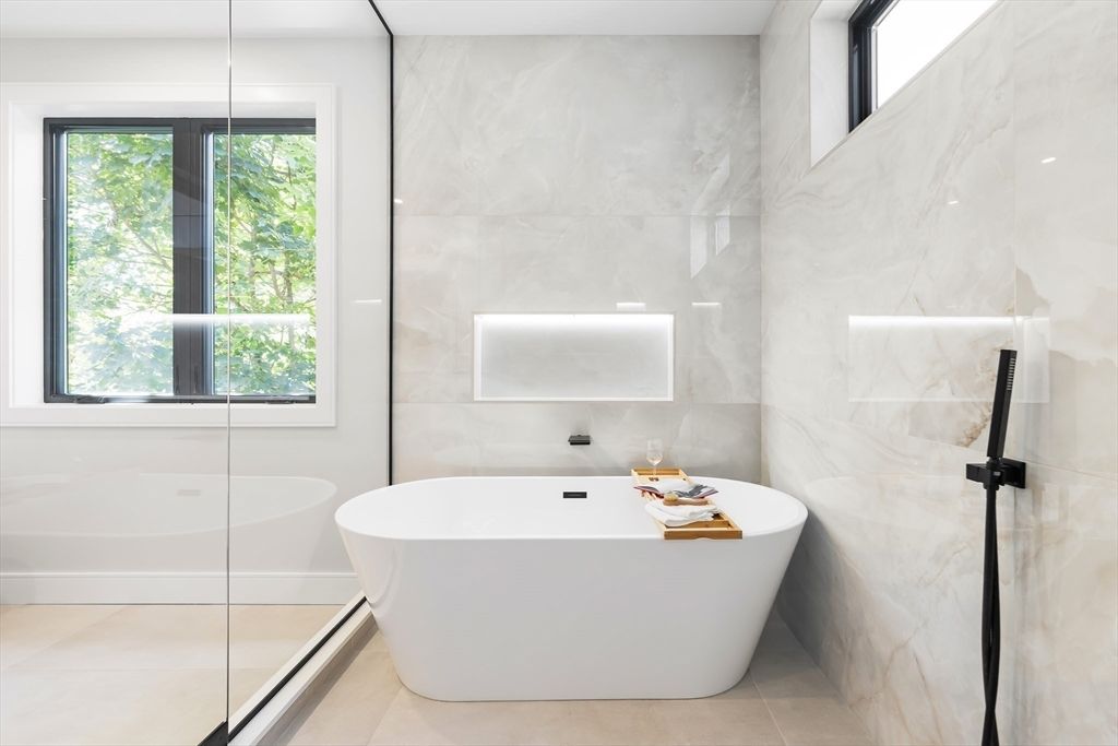 Bathroom, Free Standing Baths, Glass Shower, Interior, Marble Walls