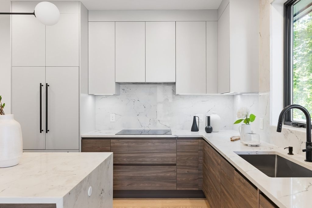 Interior, Kitchen, Marble Walls, Wood Texture Flooring