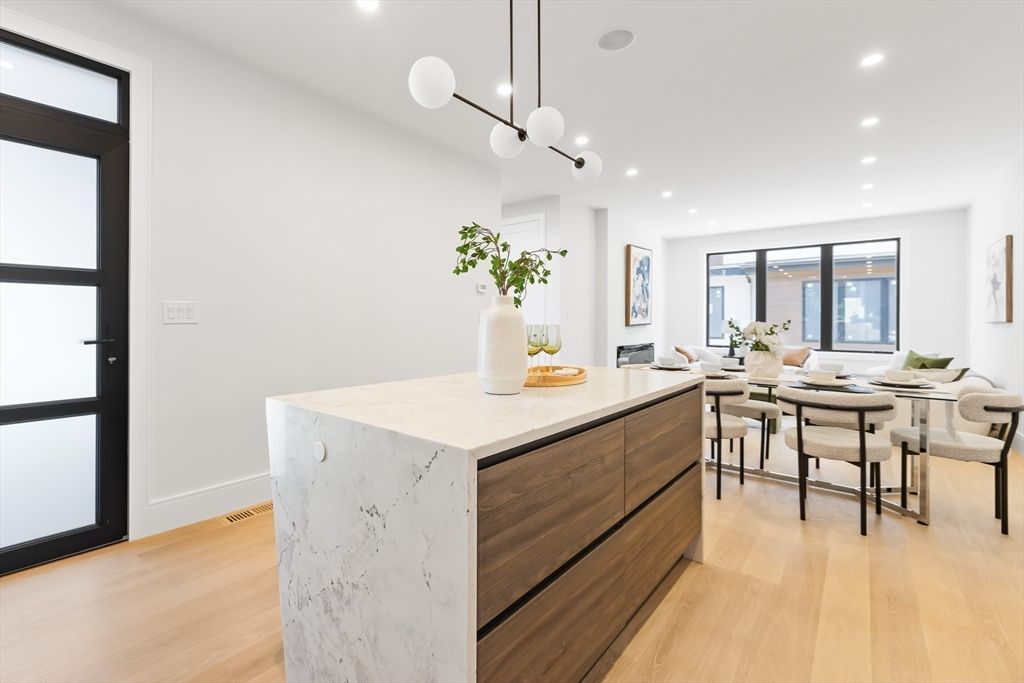 Dining room, Interior, Living room, Pendant Lights, Recessed Lighting, Wood Texture Flooring