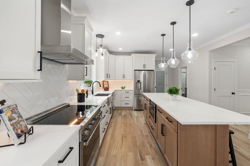 Interior, Kitchen, Pendant Lights, Recessed Lighting, Stainless Steel Appliances, Wood Texture Flooring