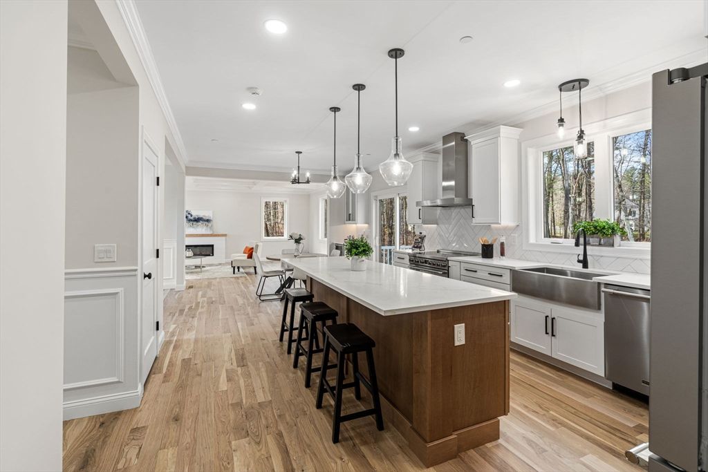 Fireplace, Interior, Kitchen, Pendant Lights, Recessed Lighting, Stainless Steel Appliances, Wood Texture Flooring