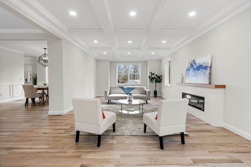 Dining room, Fireplace, Interior, Living room, Pendant Lights, Recessed Lighting, Wood Texture Flooring