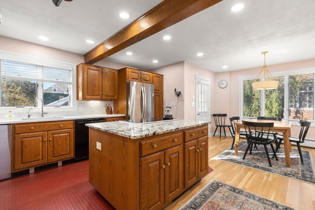 Dining room, Interior, Kitchen, Pendant Lights, Recessed Lighting, Stainless Steel Appliances, Wooden Beams, Wood Texture Flooring