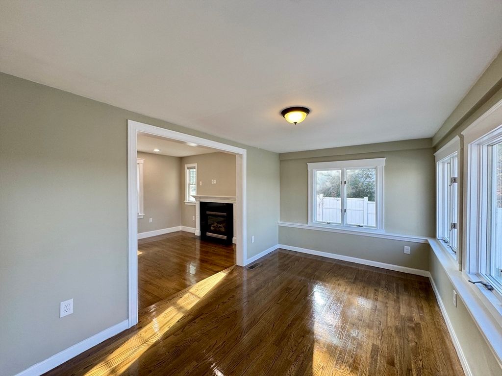 Empty room, Fireplace, Interior, Recessed Lighting, Wood Texture Flooring