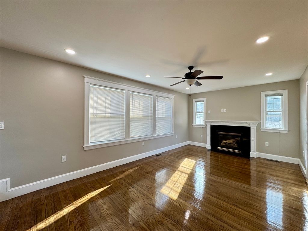 Empty room, Fireplace, Interior, Recessed Lighting, Wood Texture Flooring