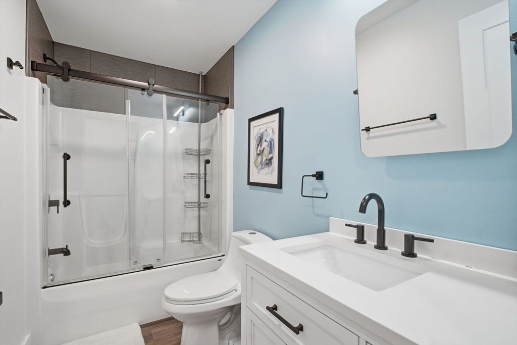 Bathroom, Glass Shower, Interior, Wood Texture Flooring