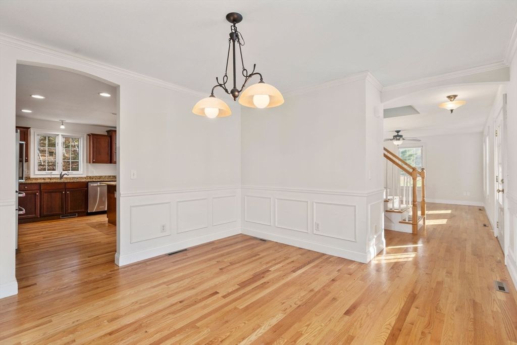 Empty room, Interior, Kitchen, Pendant Lights, Recessed Lighting, Wood Texture Flooring