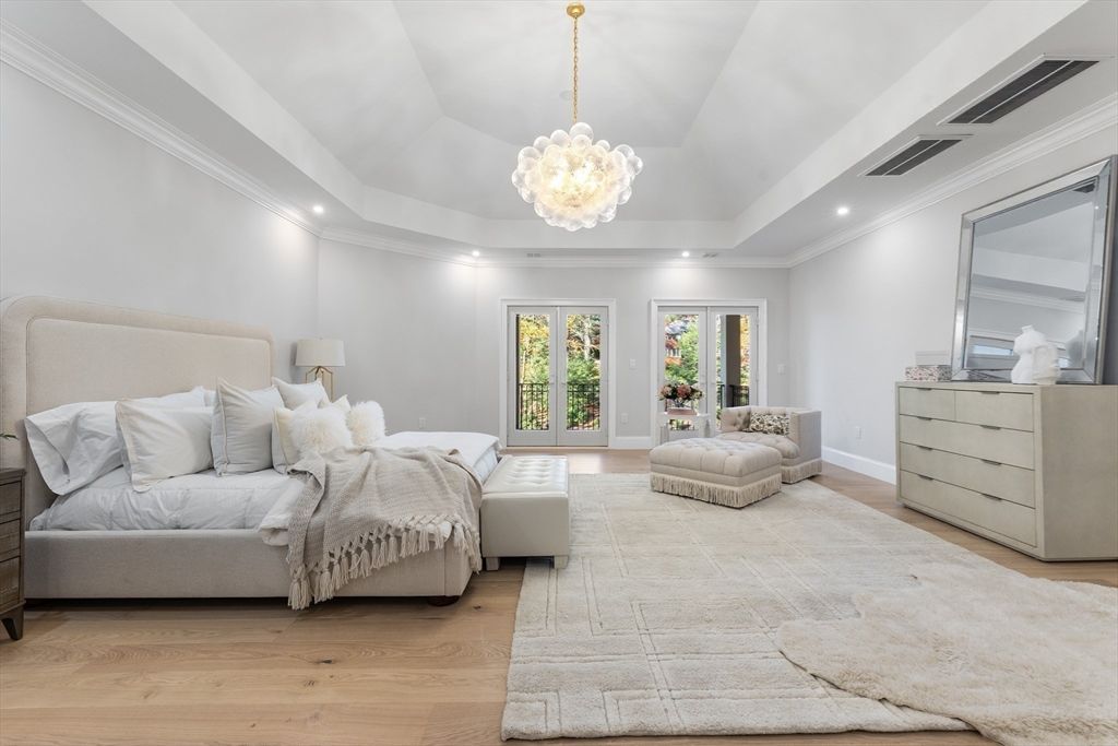 Bedroom, Chandelier, Interior, Pendant Lights, Recessed Lighting, Wood Texture Flooring