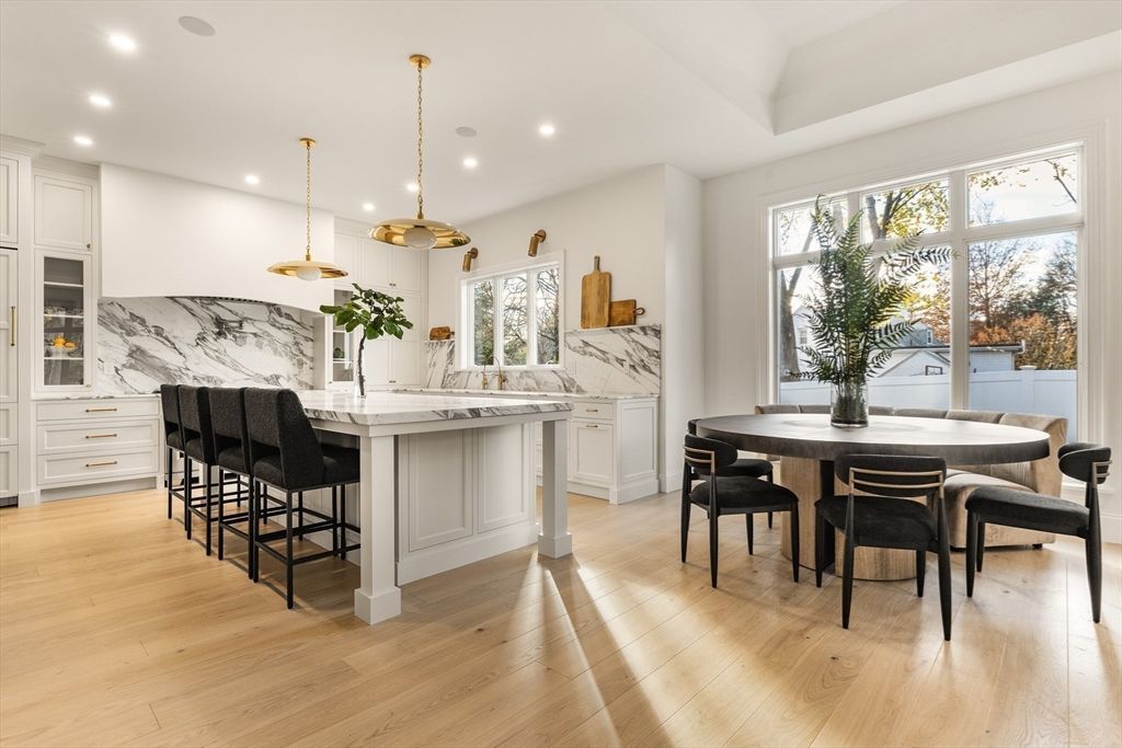 Dining room, Interior, Kitchen, Marble Walls, Pendant Lights, Recessed Lighting, Wood Texture Flooring