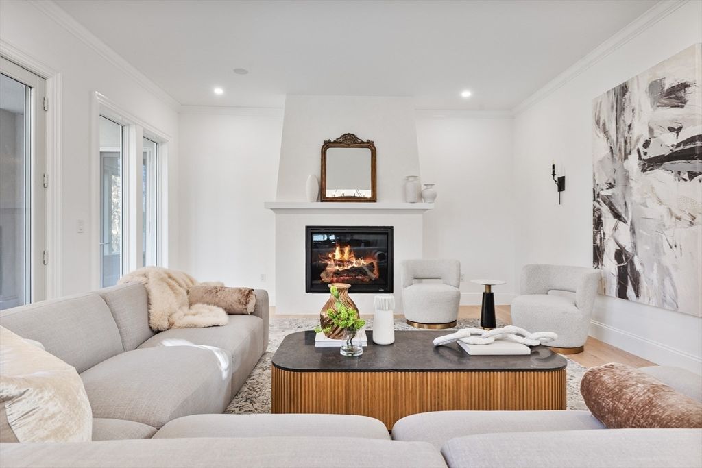 Fireplace, Interior, Living room, Recessed Lighting, Wood Texture Flooring