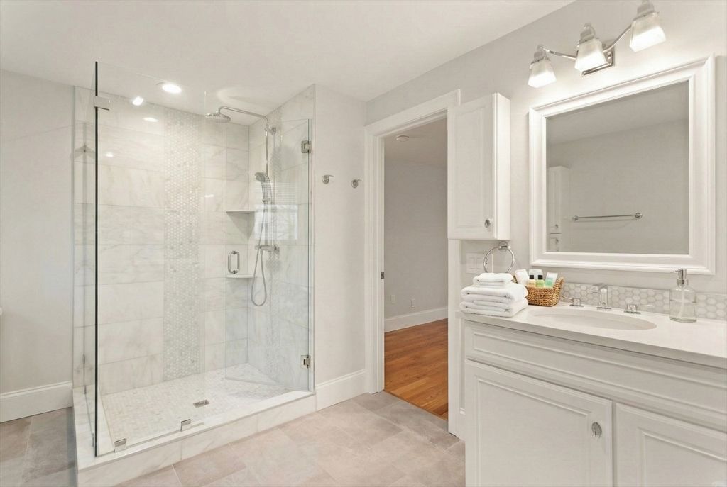 Bathroom, Glass Shower, Interior, Recessed Lighting, Wood Texture Flooring