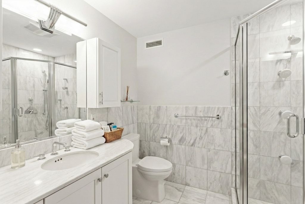 Bathroom, Glass Shower, Interior, Marble, Marble Walls, Recessed Lighting