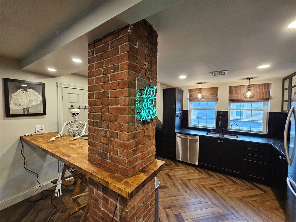 Interior, Kitchen, Pendant Lights, Recessed Lighting, Stainless Steel Appliances, Stone Walls, Wood Texture Flooring