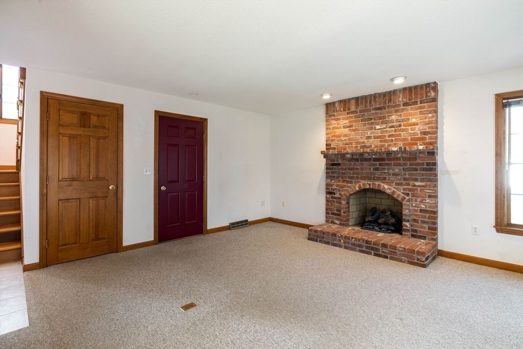 Empty room, Fireplace, Interior, Recessed Lighting, Stone Walls
