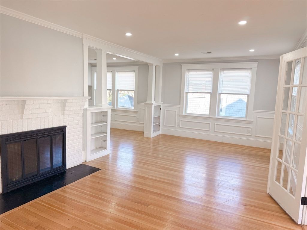 Empty room, Fireplace, Interior, Recessed Lighting, Wood Texture Flooring