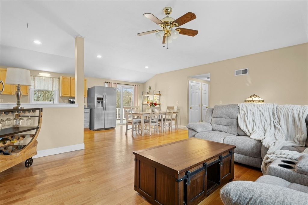 Dining room, Interior, Kitchen, Living room, Recessed Lighting, Stainless Steel Appliances, Wood Texture Flooring