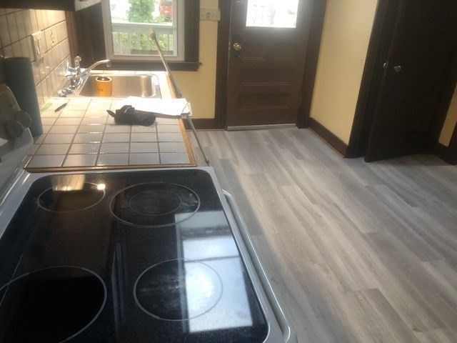 Interior, Kitchen, Tile Countertops, Wood Texture Flooring