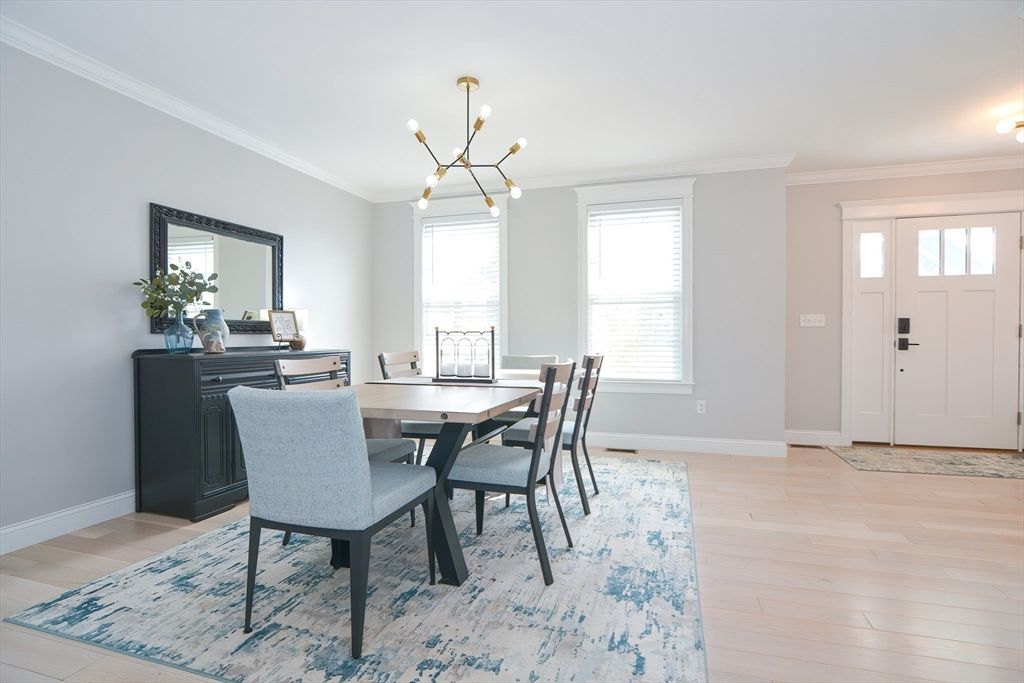 Dining room, Interior, Pendant Lights, Wood Texture Flooring