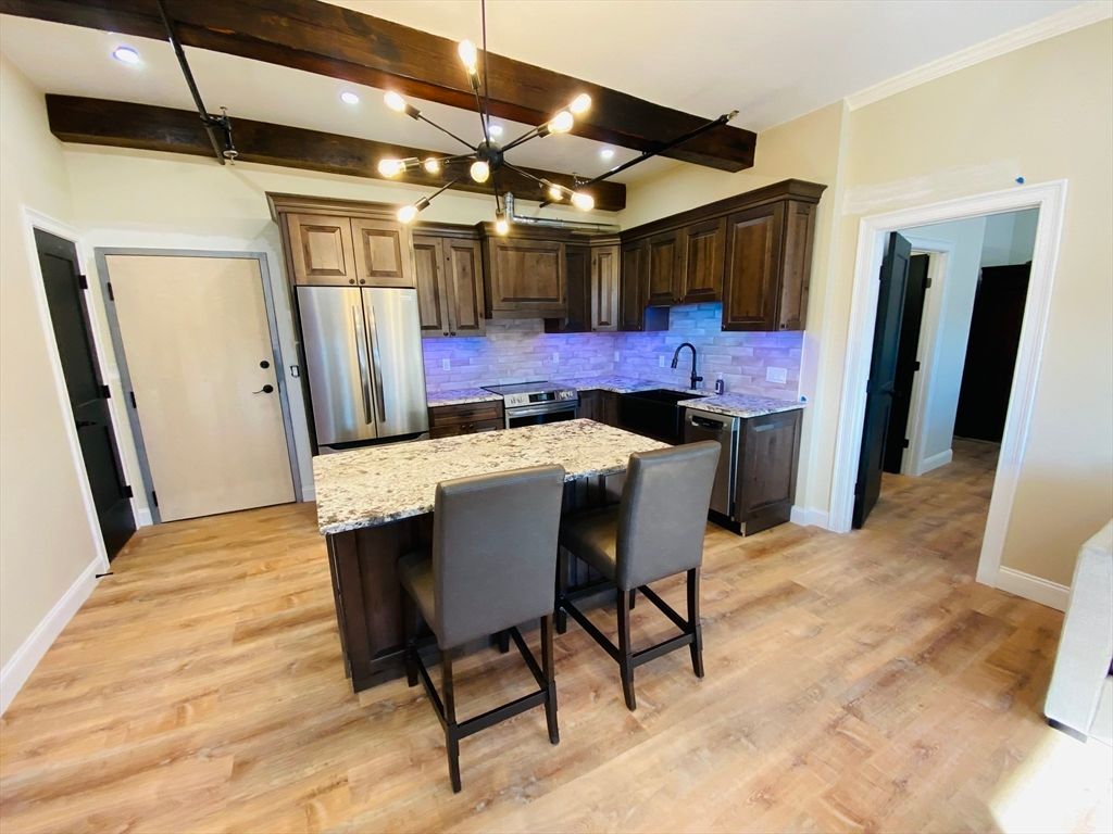 Interior, Kitchen, Pendant Lights, Recessed Lighting, Stainless Steel Appliances, Wooden Beams, Wood Texture Flooring