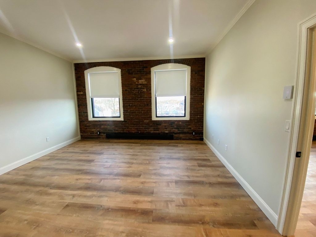 Empty room, Interior, Recessed Lighting, Stone Walls, Wood Texture Flooring