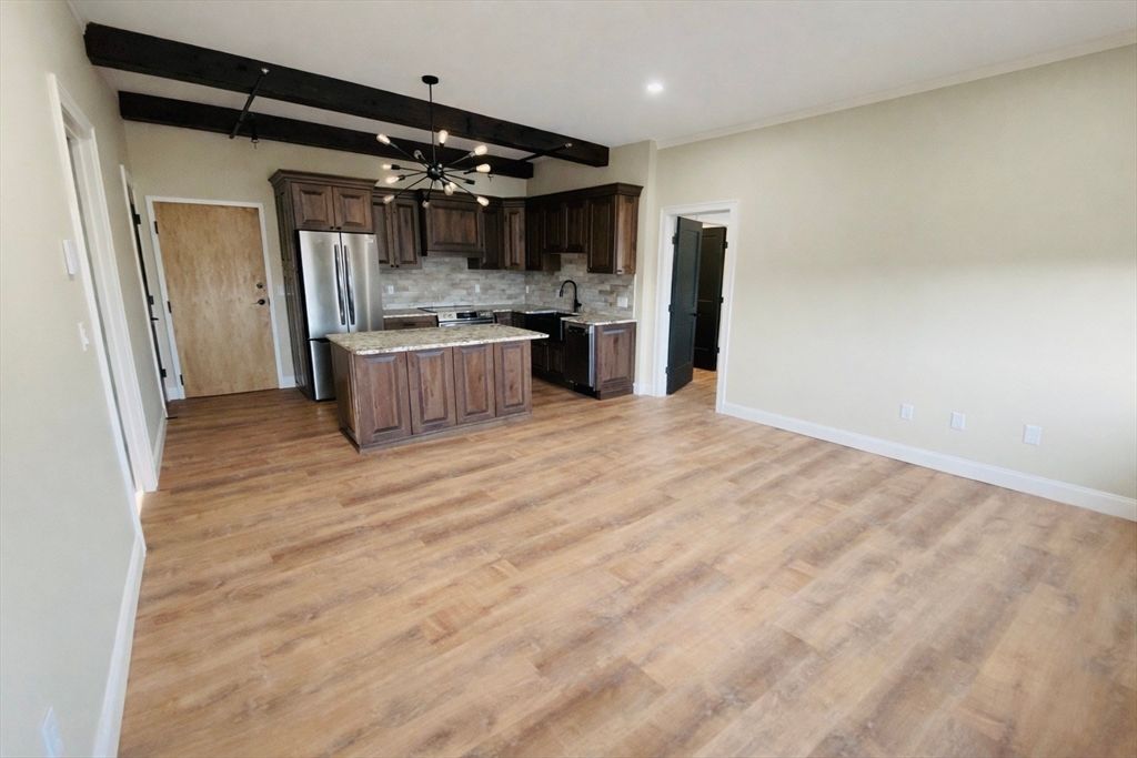 Interior, Kitchen, Pendant Lights, Recessed Lighting, Stainless Steel Appliances, Wooden Beams, Wood Texture Flooring