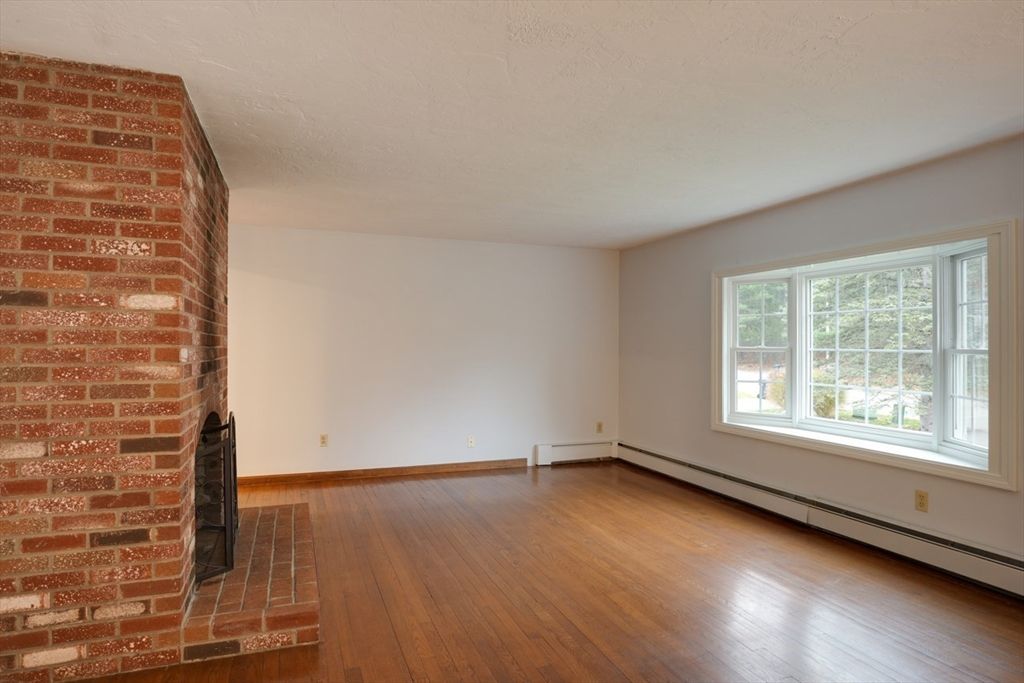 Empty room, Fireplace, Interior, Stone Walls, Wood Texture Flooring