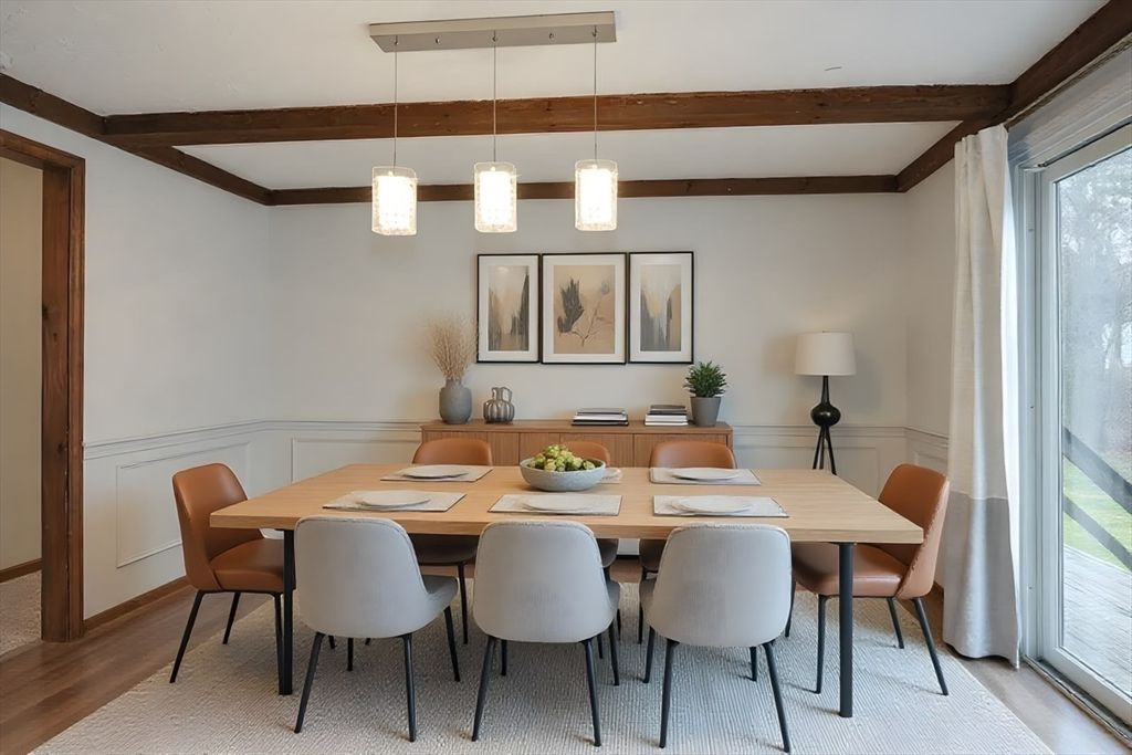 Dining room, Interior, Pendant Lights, Wooden Beams, Wood Texture Flooring