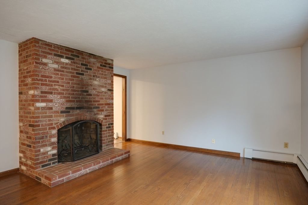 Empty room, Fireplace, Interior, Stone Walls, Wood Texture Flooring