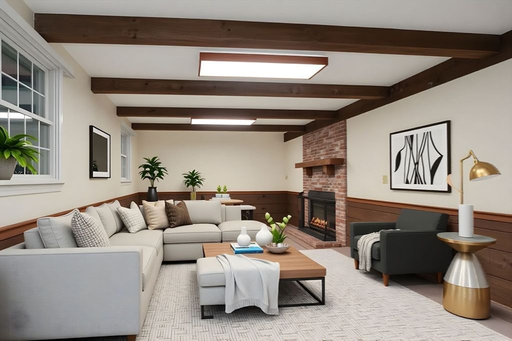 Fireplace, Interior, Living room, Stone Walls, Wooden Beams