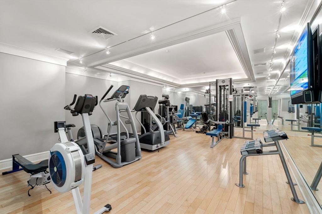 Fitness Equipment, Gym, Interior, Recessed Lighting, Wood Texture Flooring