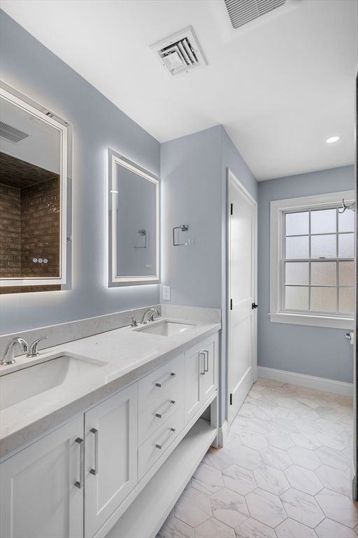 Bathroom, Dual Sink Vanities, Interior, Marble, Recessed Lighting