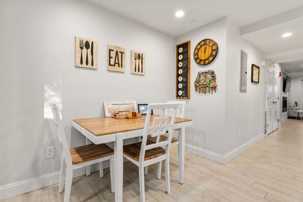 Dining room, Interior, Recessed Lighting, Wood Texture Flooring