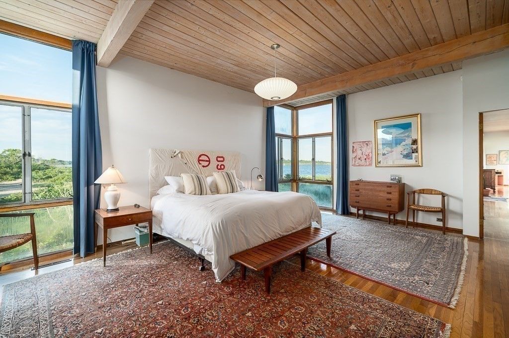 Bedroom, Interior, Pendant Lights, Water, Wooden Beams, Wooden Ceilings, Wood Texture Flooring