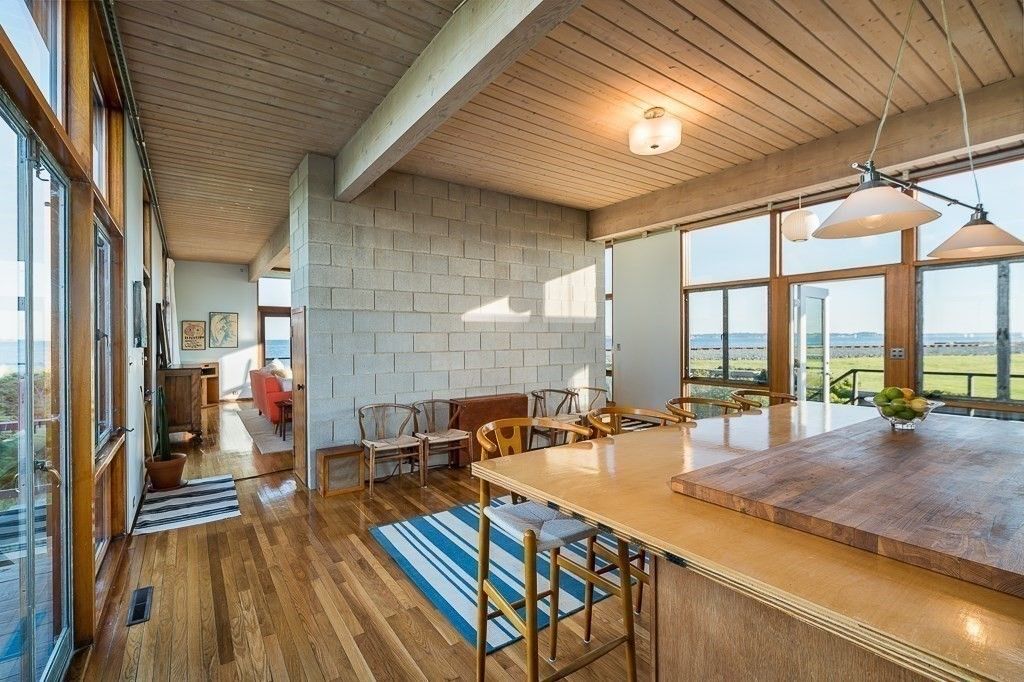 Dining room, Interior, Pendant Lights, Stone Walls, Water, Wooden Beams, Wooden Ceilings, Wood Texture Flooring
