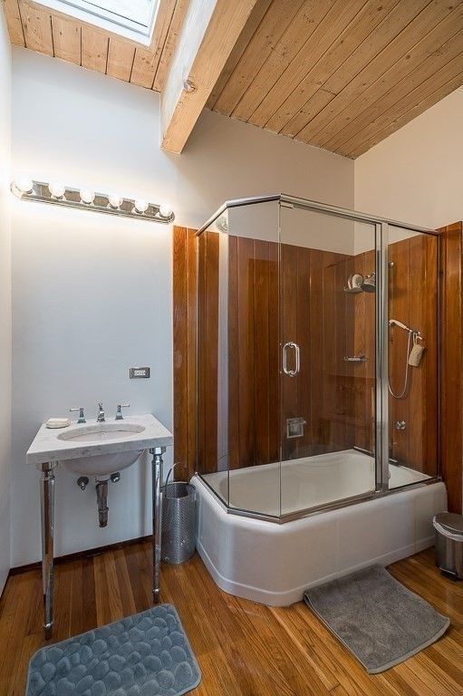 Bathroom, Glass Shower, Interior, Wooden Ceilings, Wood Texture Flooring