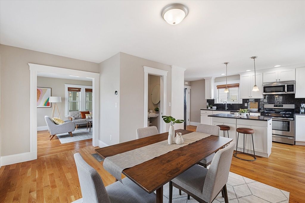 Dining room, Interior, Kitchen, Living room, Pendant Lights, Recessed Lighting, Stainless Steel Appliances, Wood Texture Flooring