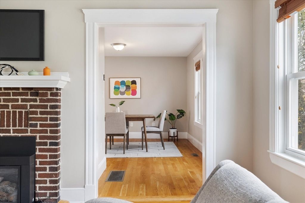 Dining room, Fireplace, Interior, Stone Walls, Wood Texture Flooring