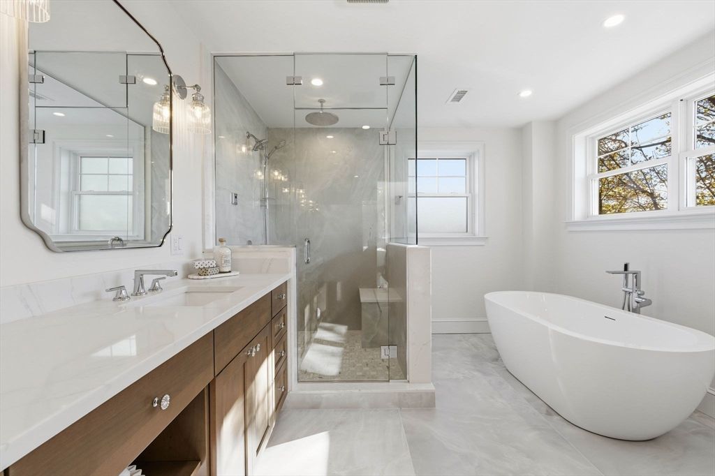 Bathroom, Dual Sink Vanities, Free Standing Baths, Glass Shower, Interior, Marble, Marble Walls, Recessed Lighting