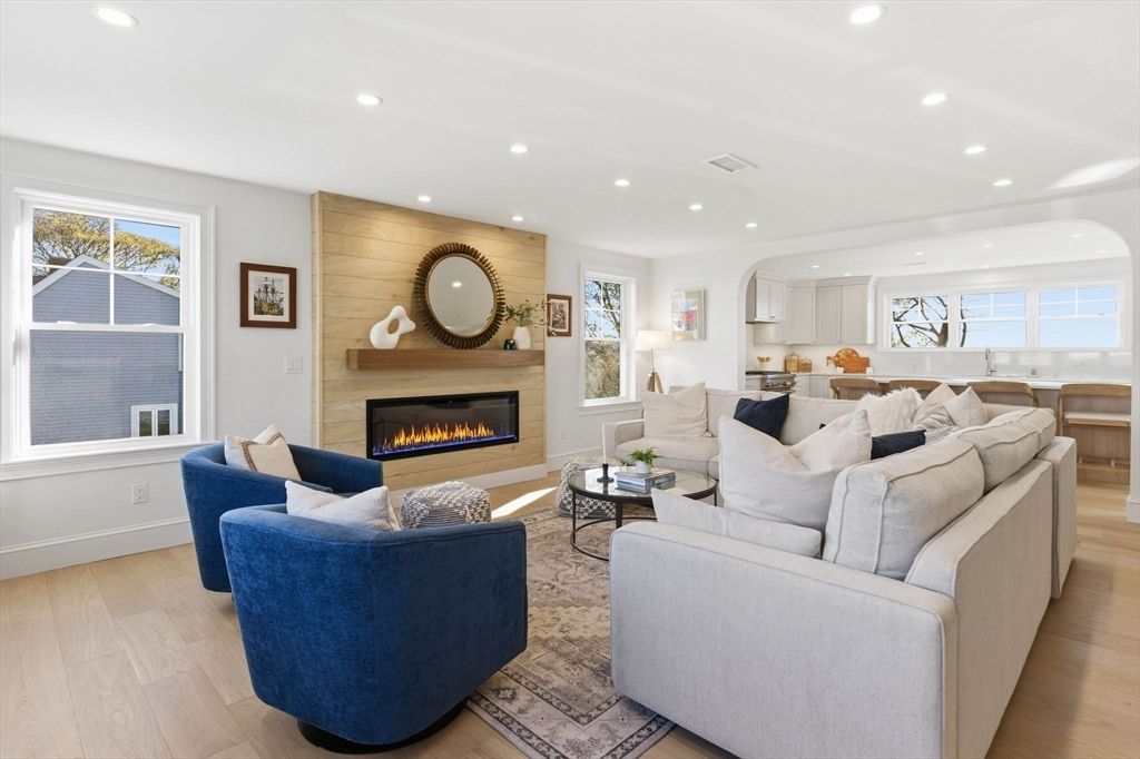 Fireplace, Interior, Living room, Recessed Lighting, Wood Texture Flooring, Wooden Walls